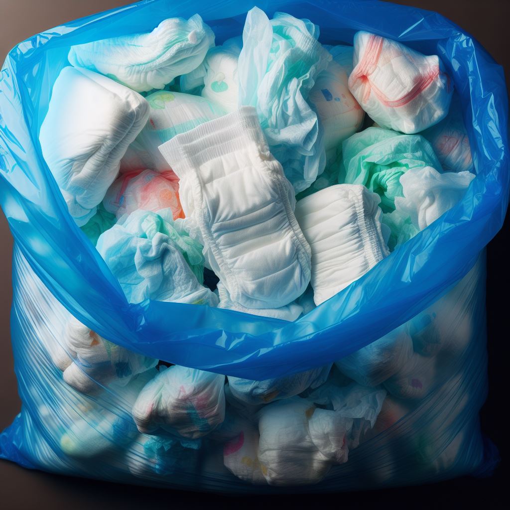 A blue plastic bag containing used diapers without lighting